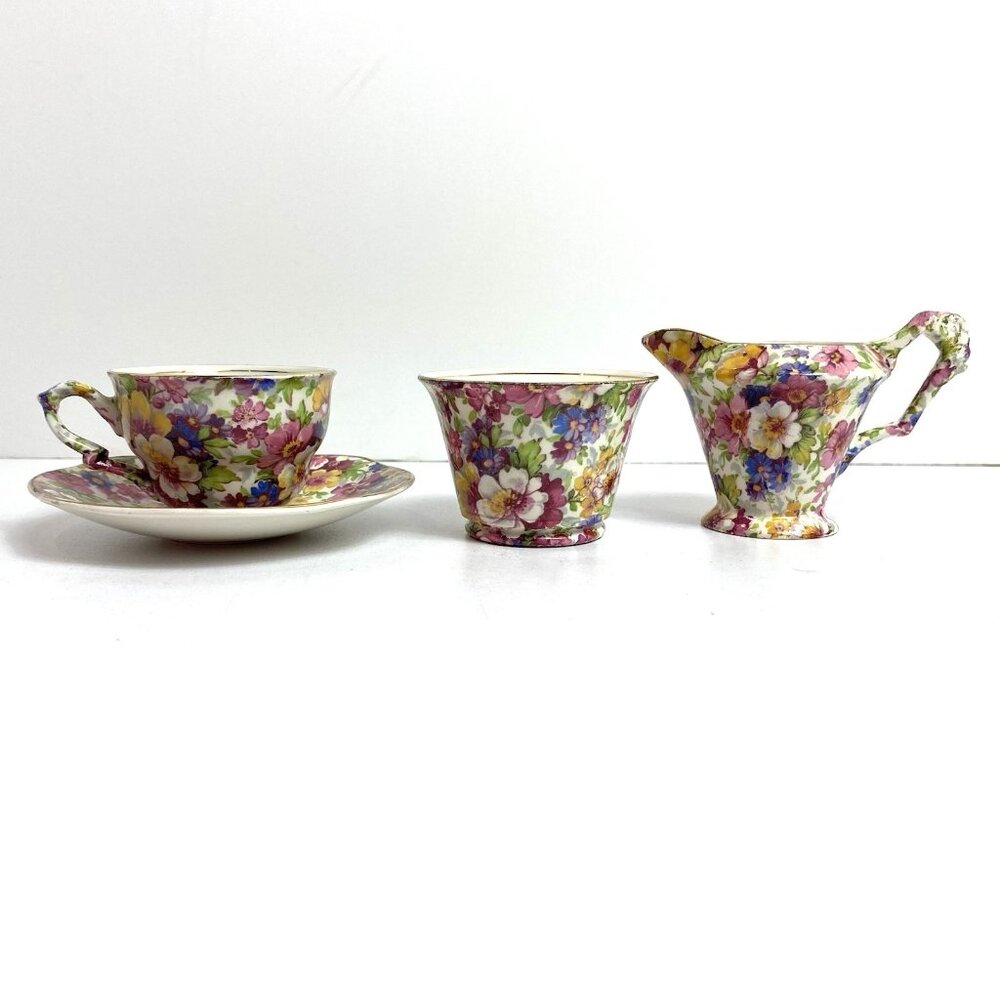 James Kent Fenton Du Barry Floral Chintz Cream Sugar Teacup Saucer 4 Piece Set